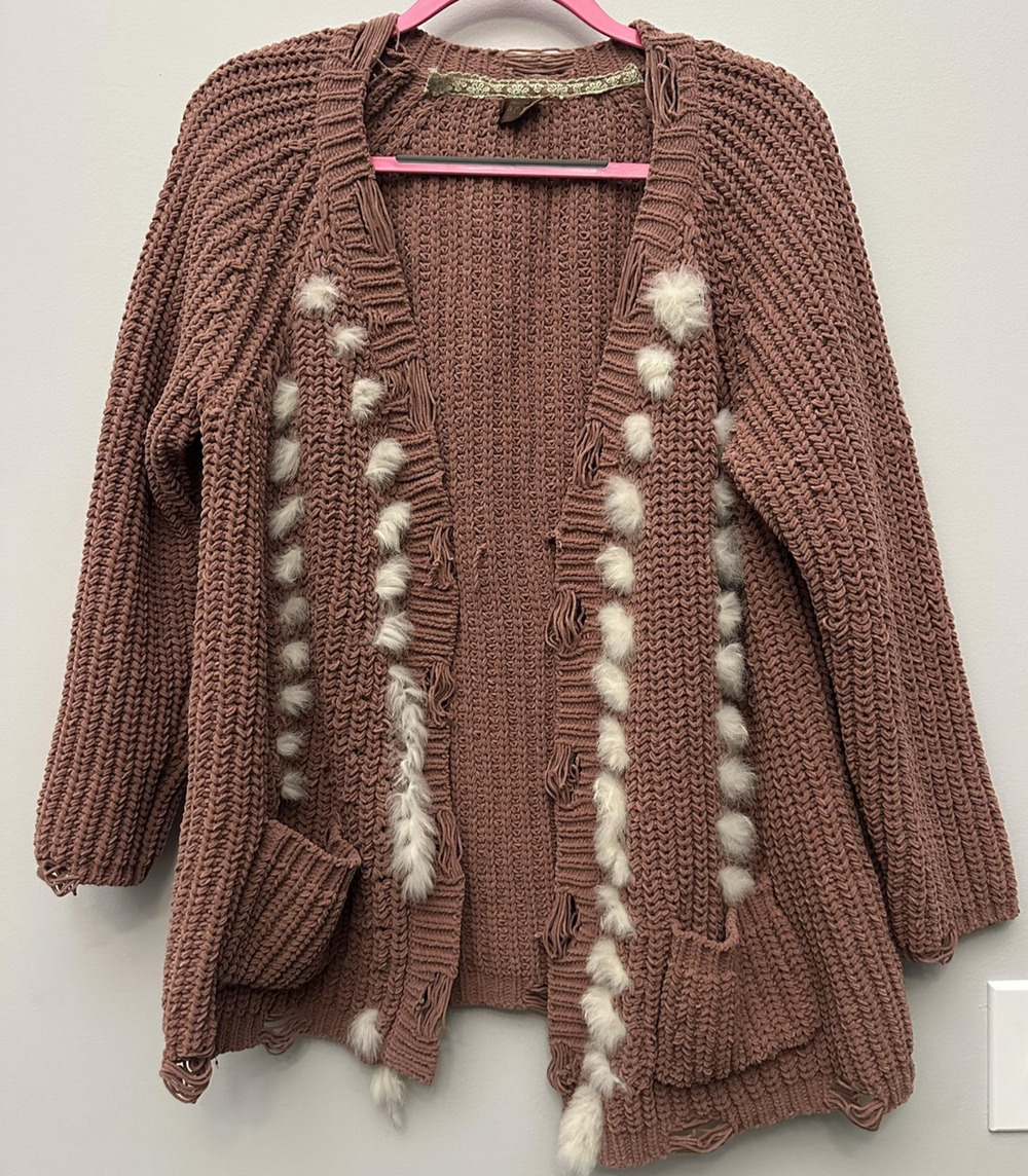 Pol Sweater Womens Small Open Front Fuzzy Pom Knit Chunky Cardigan Boho